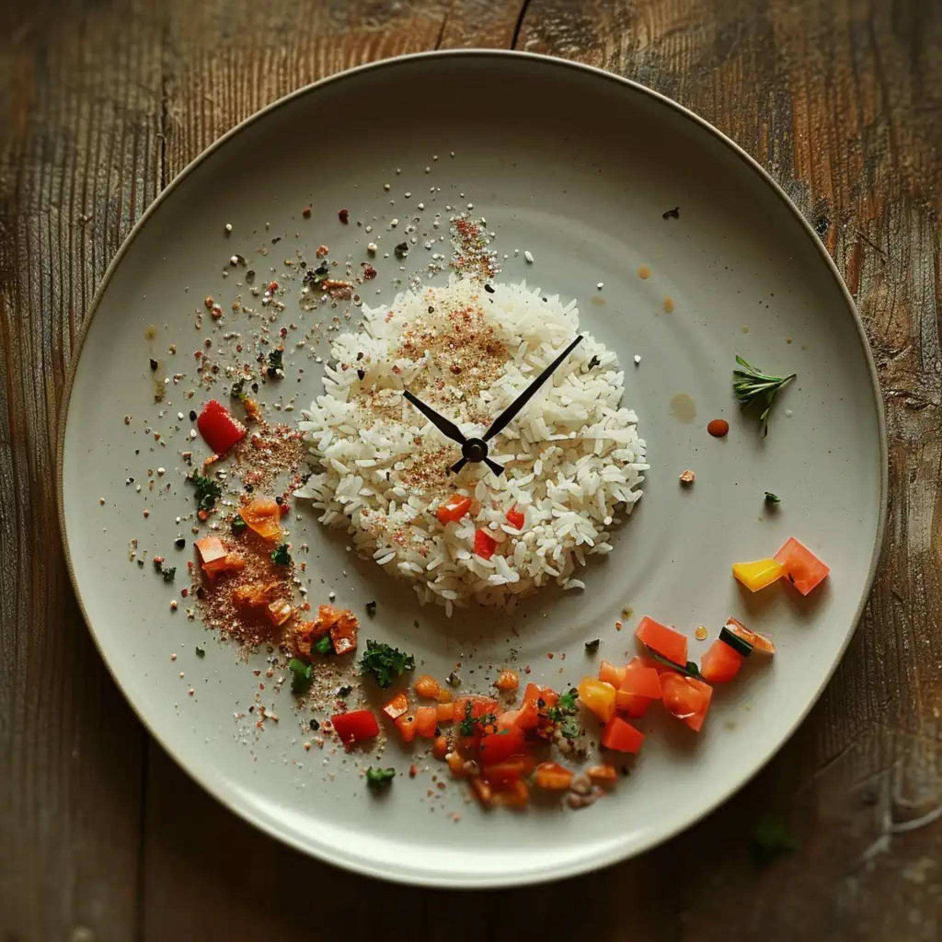 A plate with food aranged like a clock
